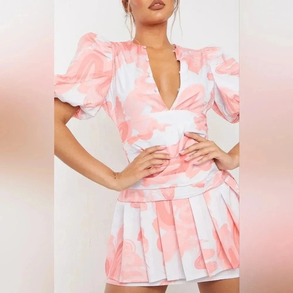 PrettyLittleThing Pink Swirl Print Pleated Waist Puff Sleeve Skater Mini Dress S - Picture 4 of 16